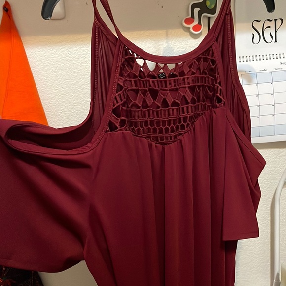 Burgundy/Maroon dress with sash. Off the shoulder with a lattice front. - Picture 1 of 5